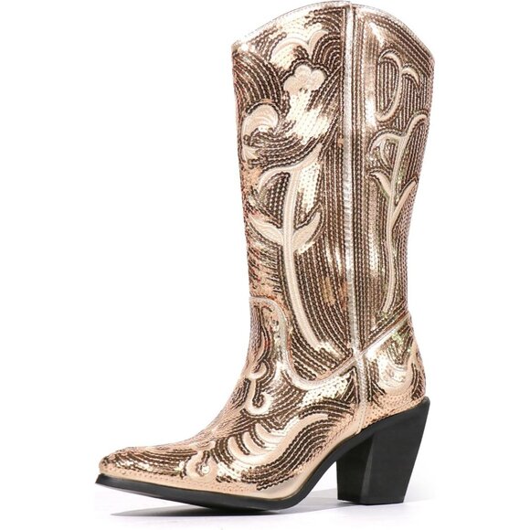 Women's Sequin Gold Fashion Western Zipper Pointed Toe Embroidered Boots - Picture 1 of 6